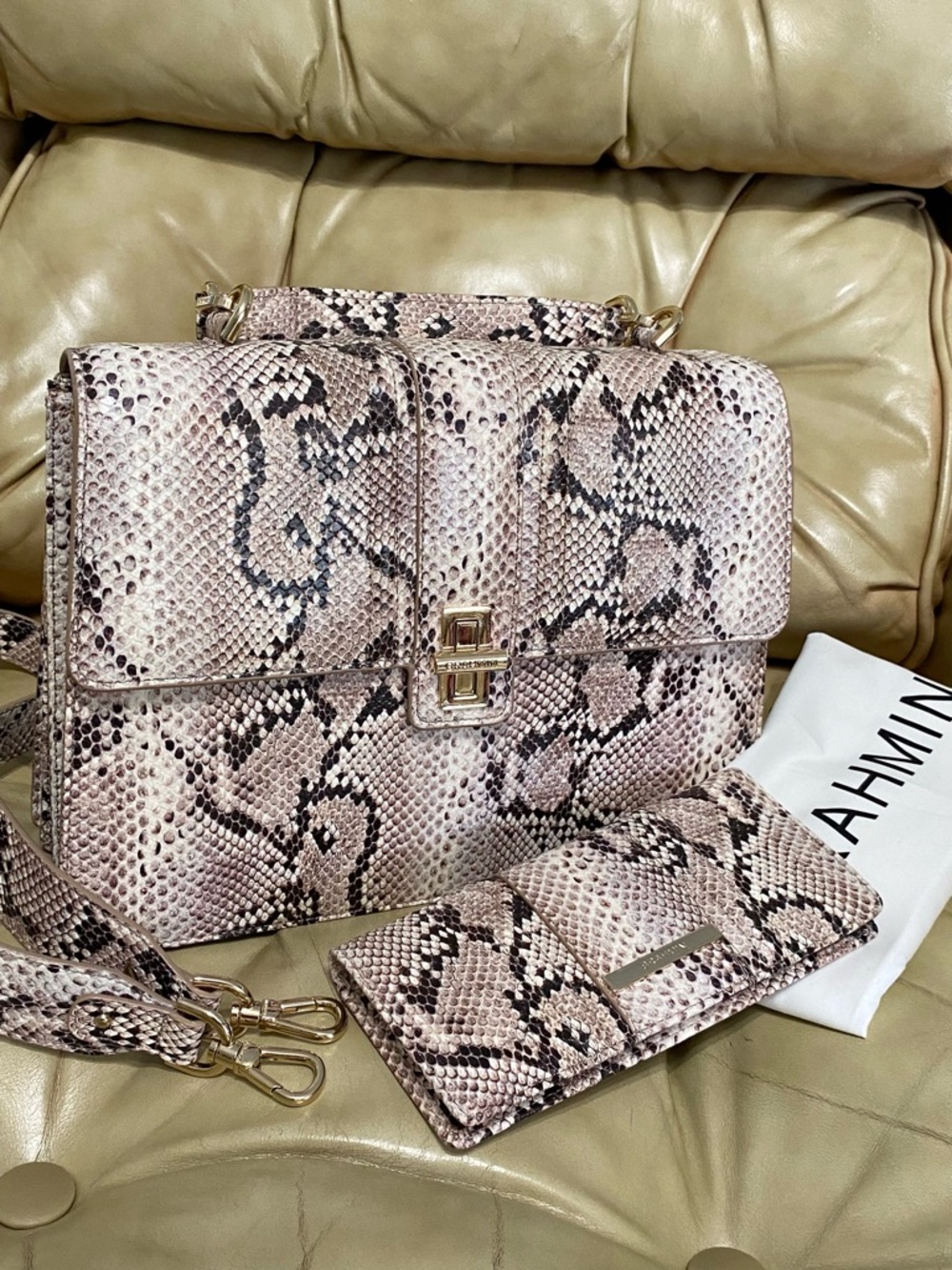 NWOT Brahmin PRISTINE Hallie Satchel & Ady Wallet Set Leather Python Snake